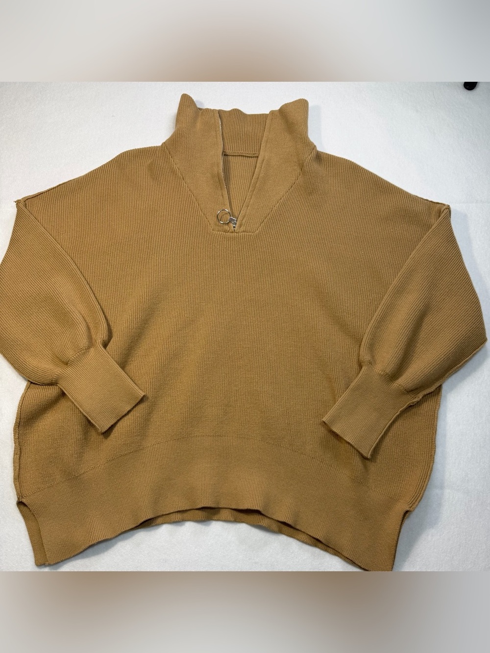 LILLUSORY Womens S Camel Quarter Zip Sweater Oversized Ring Pull Side Slit